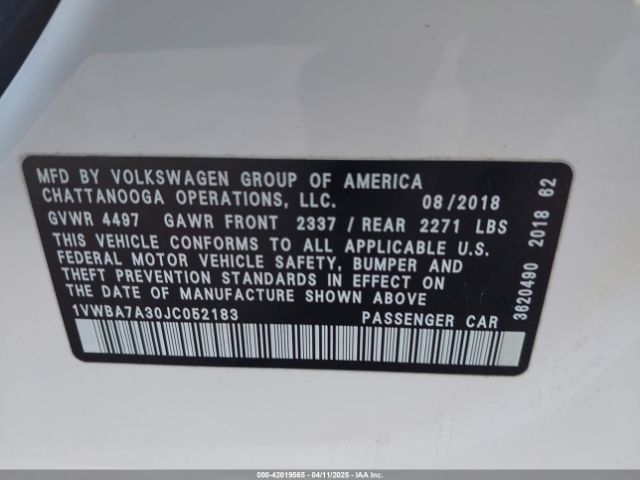 1VWBA7A30JC052183 Volkswagen Passat 2.0t Se