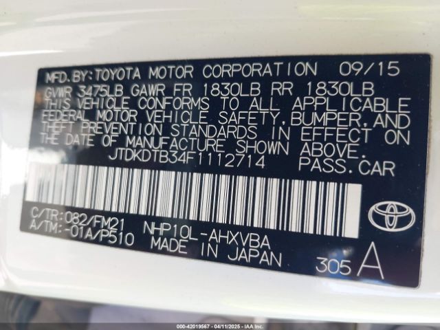 JTDKDTB34F1112714 Toyota Prius C Two