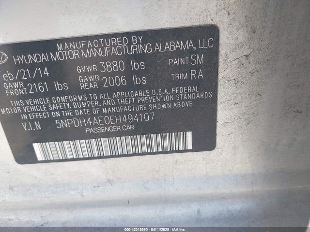 5NPDH4AE0EH494107 Hyundai ELANTRA SE