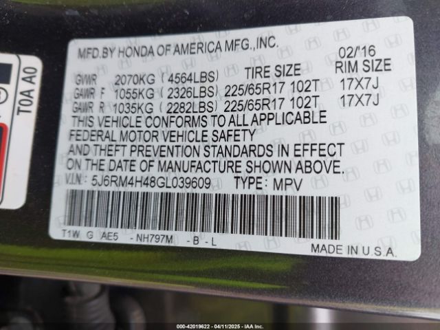 5J6RM4H48GL039609 Honda CR-V SE
