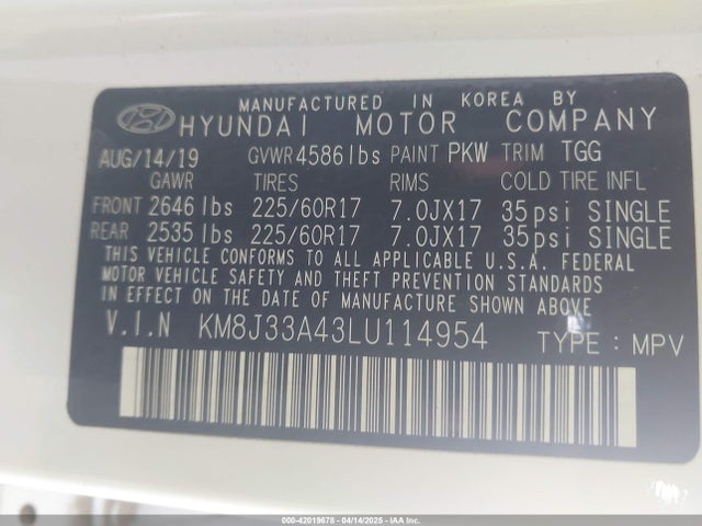 KM8J33A43LU114954 Hyundai Tucson Value