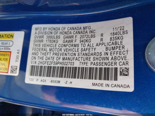 2HGFE2F59PH502703 Honda Civic Sport