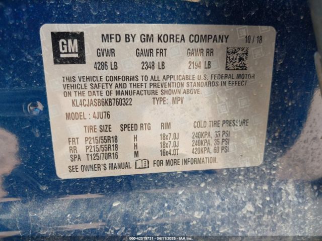 KL4CJASB6KB760322 Buick Encore Fwd Preferred