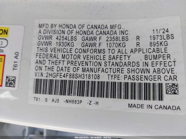2HGFE4F88SH318108 Honda lfc3