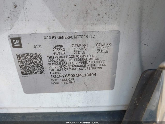 1G1FY6S08M4113494 Chevrolet 2021