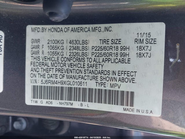 5J6RM4H9XGL010611 Honda Cr-v Touring