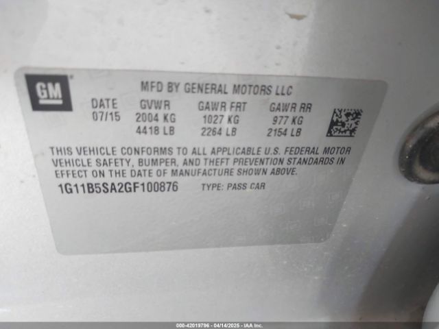 1G11B5SA2GF100876 Chevrolet Malibu Limited Ls