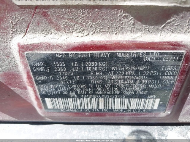 Продаж на аукціоні авто 2011 Subaru Outback 2.5i Limited, vin: 4S4BRBKCXB3423425, номер лоту: 42019858