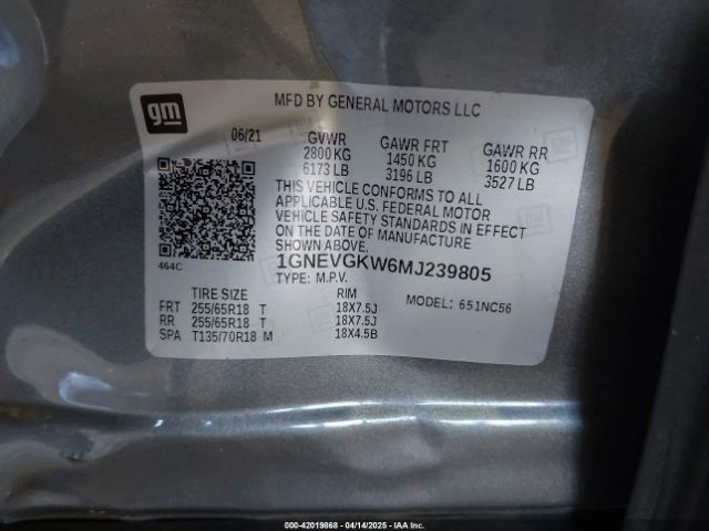 1GNEVGKW6MJ239805 Chevrolet Traverse Awd Lt Cloth