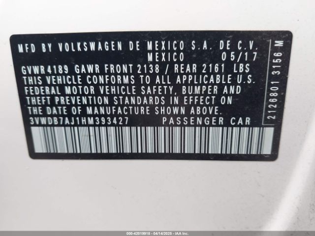 3VWDB7AJ1HM393427 Volkswagen Jetta 1.4t Se