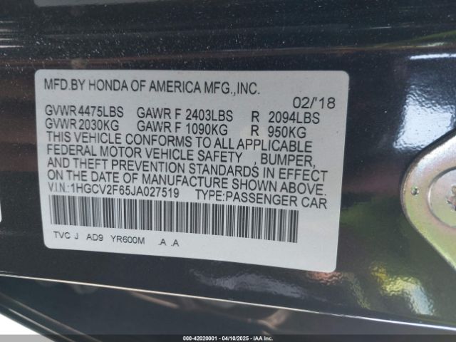 1HGCV2F65JA027519 Honda Accord Ex-l 2.0t