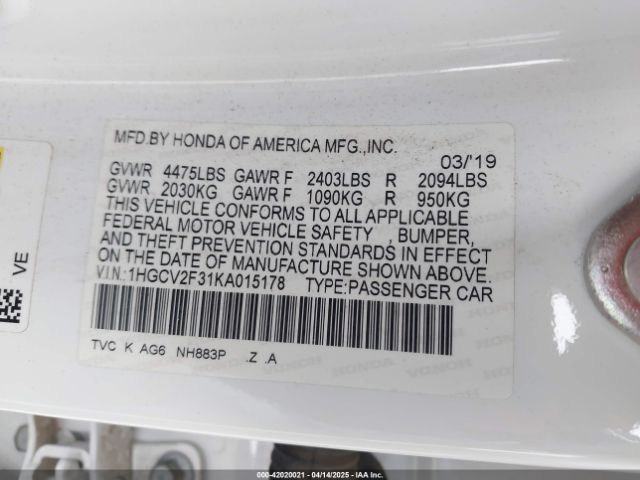 1HGCV2F31KA015178 Honda Accord Sport 2.0t