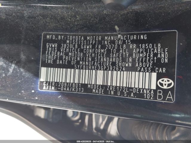 5YFBURHE3GP382624 Toyota COROLLA LE