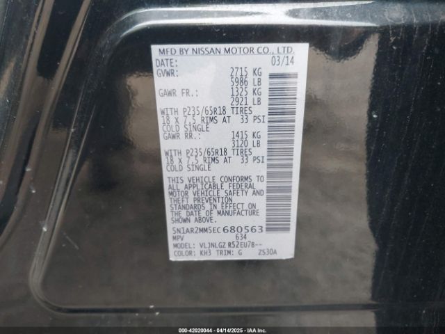 5N1AR2MM5EC680563 Nissan Pathfinder Sl
