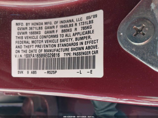 Aukcja sprzedaży 2009 Honda Civic Lx, vin: 19XFA16589E029816, numer aukcji: 42020199