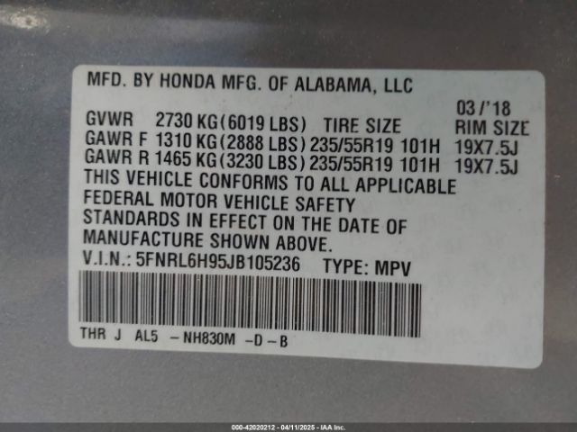 5FNRL6H95JB105236 Honda Odyssey Elite