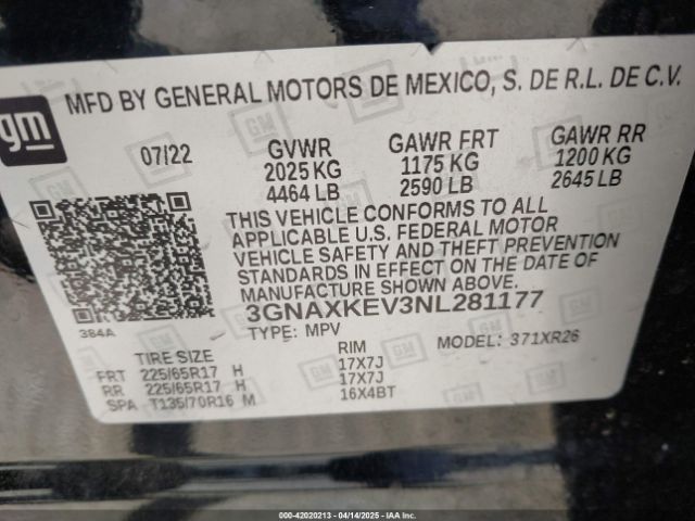 3GNAXKEV3NL281177 Chevrolet Equinox Fwd Lt