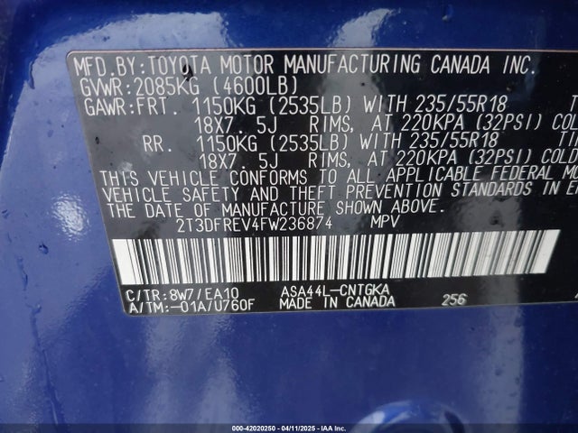 2T3DFREV4FW236874 Toyota Rav4 Limited