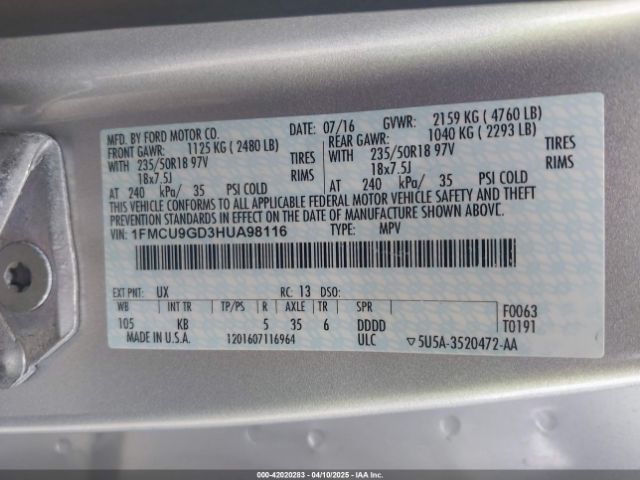 1FMCU9GD3HUA98116 Ford ESCAPE SE