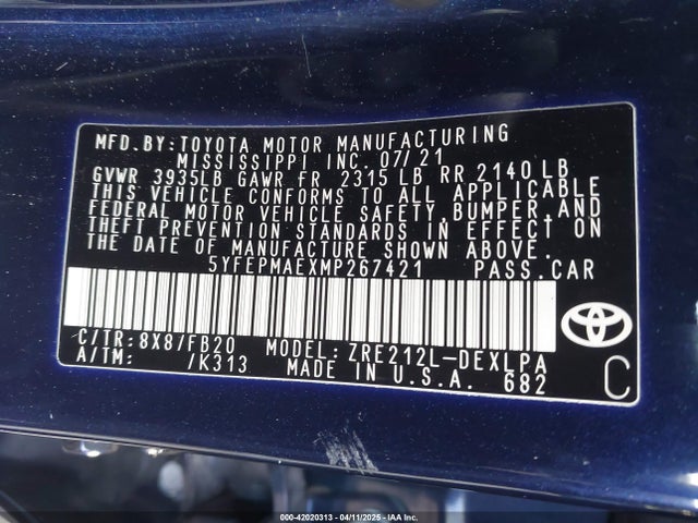 5YFEPMAEXMP267421 Toyota COROLLA LE