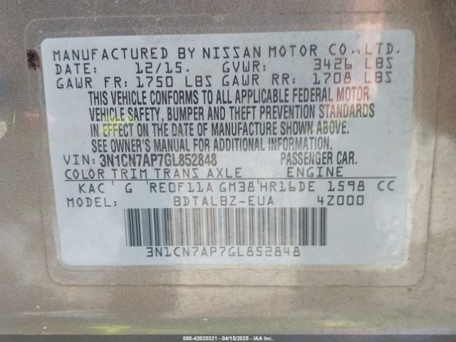 3N1CN7AP7GL852848 Nissan Versa 1.6 S/1.6 S+/1.6 Sl/1.6 Sv