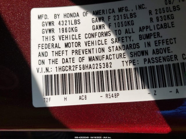 1HGCR2F58HA025382 Honda Accord Sport