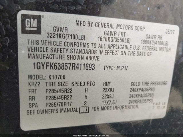 2007 CADILLAC ESCALADE 1GYFK63857R411693 Photo 8