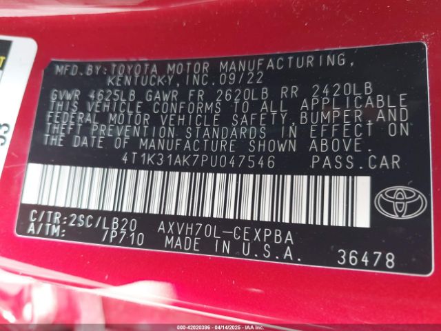 4T1K31AK7PU047546 Toyota Camry Xse Hybrid