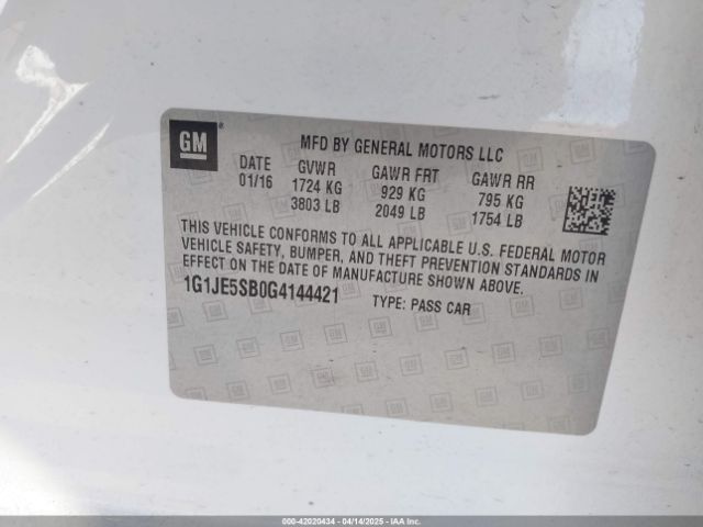 1G1JE5SB0G4144421 Chevrolet Sonic Ltz Auto