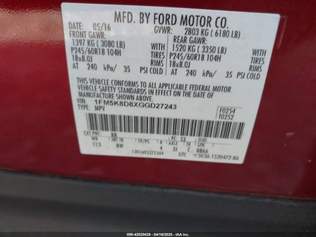 1FM5K8D8XGGD27243 Ford EXPLORER XLT
