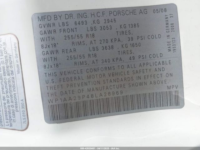 2008 PORSCHE CAYENNE WP1AA29P48LA28969 Photo 8