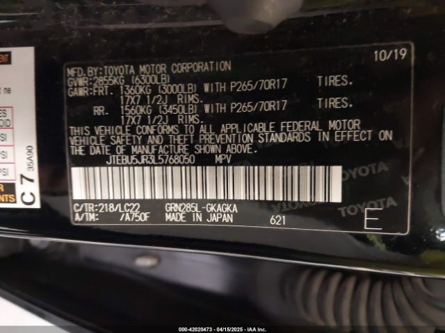 JTEBU5JR3L5768050 Toyota 4runner Trd Off Road Premium