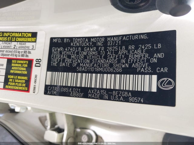 Lexus ES 250 2021 58AD11D18MU006266 Image 9