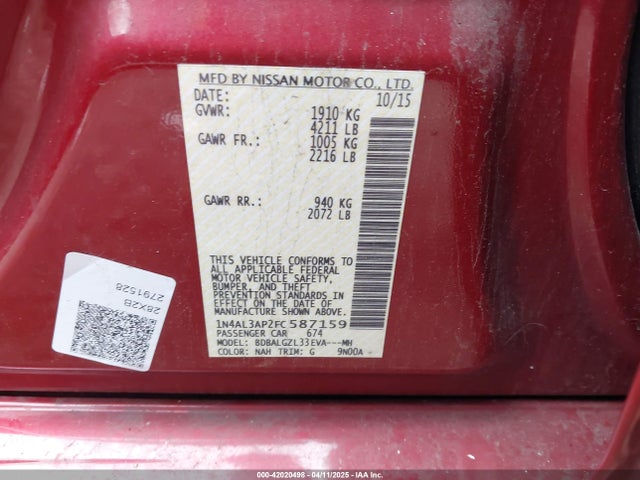 Nissan Altima 2.5 S 2015 1N4AL3AP2FC587159 Image 9