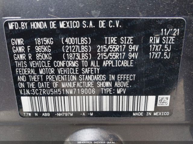 3CZRU5H51NM719006 Honda Hr-v 2wd Ex