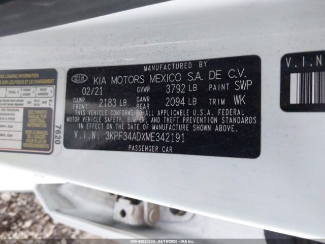 3KPF34ADXME342191 KIA Forte Gt-line