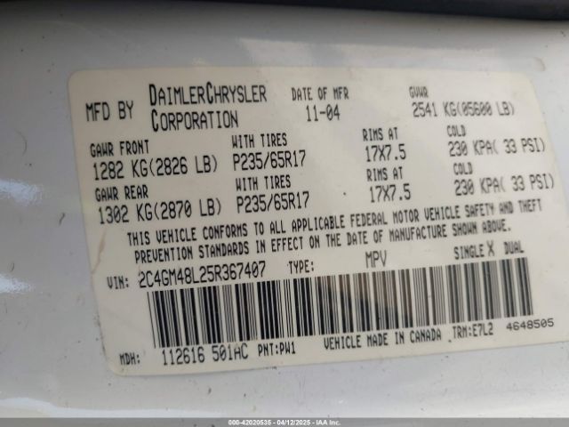 2005 CHRYSLER PACIFICA 2C4GM48L25R367407 Photo 8