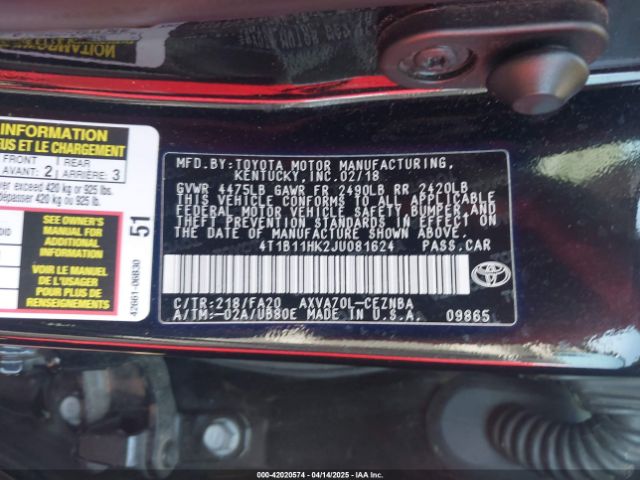 4T1B11HK2JU081624 Toyota CAMRY LE