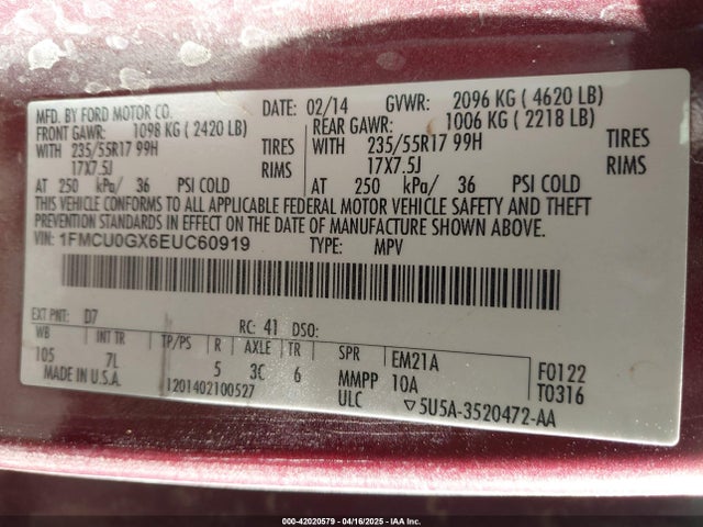 1FMCU0GX6EUC60919 Ford ESCAPE SE