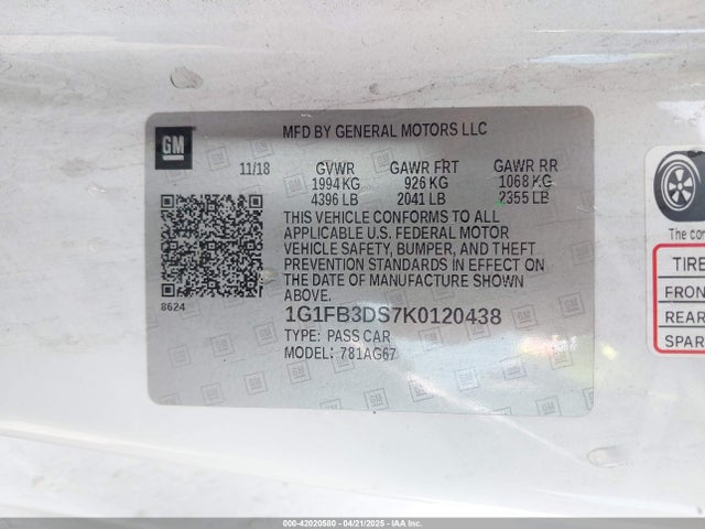 1G1FB3DS7K0120438 Chevrolet Camaro 1lt