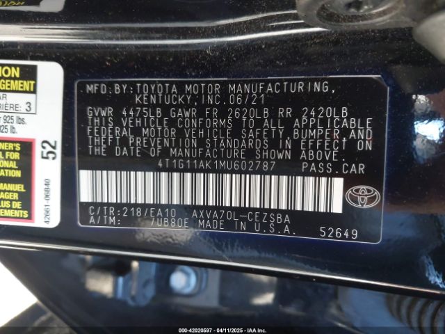 4T1G11AK1MU602787 Toyota CAMRY SE