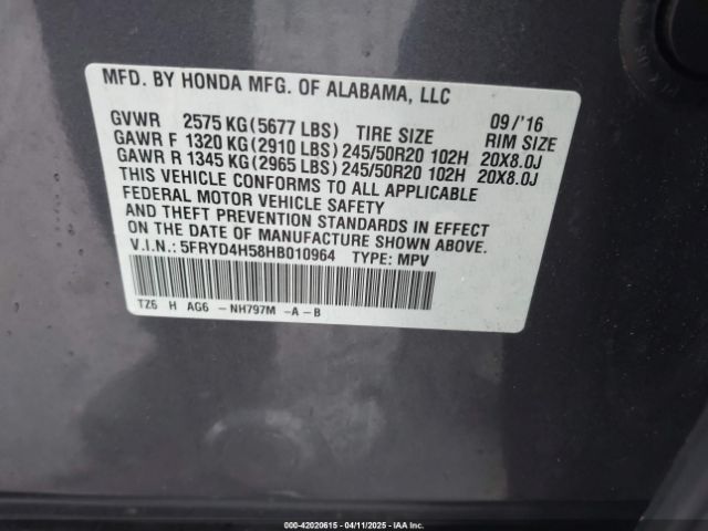 5FRYD4H58HB010964 Acura Mdx Technology Package