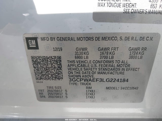 3GCPWAEF3LG224184 Chevrolet Silverado 1500 2wd  Short Bed Wt