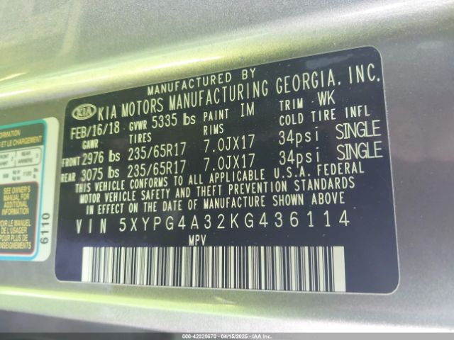 5XYPG4A32KG436114 KIA Sorento 2.4l Lx