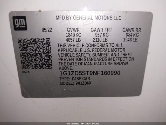 1G1ZD5ST9NF160990 Chevrolet Malibu Fwd Lt