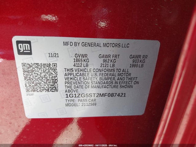 1G1ZG5ST2MF087421 Chevrolet Malibu Fwd Rs