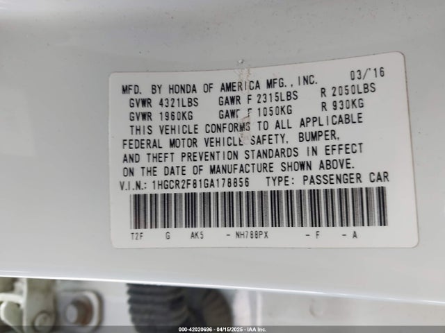 1HGCR2F81GA178856 Honda Accord Ex-l