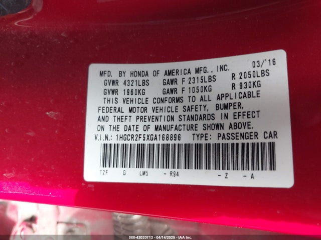 1HGCR2F5XGA168896 Honda Accord Sport