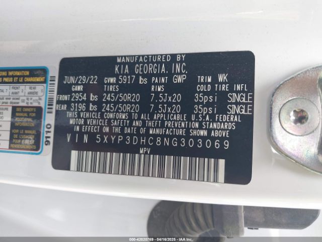 5XYP3DHC8NG303069 KIA Telluride Ex