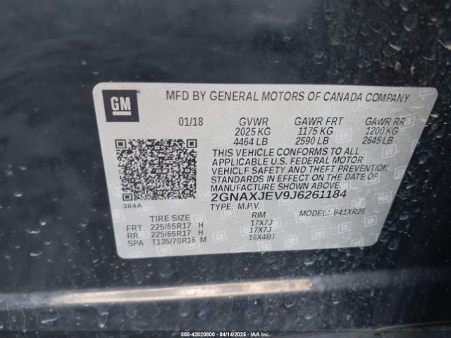 2GNAXJEV9J6261184 Chevrolet EQUINOX LT